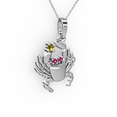 Peridot ve rodolit garnet 8 ayar beyaz altın kolye (40 cm gümüş rolo zincir)
