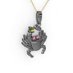 Yengeç Kolye - Peridot ve pembe kuvars 925 ayar siyah rodyum kaplama gümüş kolye (40 cm altın rolo zincir) #1bmg2he