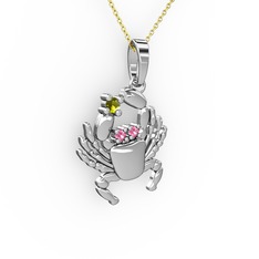 Peridot ve pembe kuvars 18 ayar beyaz altın kolye (40 cm altın rolo zincir)
