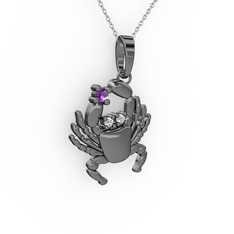 Yengeç Kolye - Ametist ve pırlanta 925 ayar siyah rodyum kaplama gümüş kolye (0.03 karat, 40 cm gümüş rolo zincir) #1ehezs0