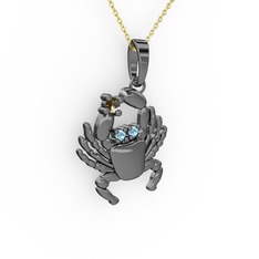 Yengeç Kolye - Dumanlı kuvars ve akuamarin 925 ayar siyah rodyum kaplama gümüş kolye (40 cm gümüş rolo zincir) #1ii7e1e