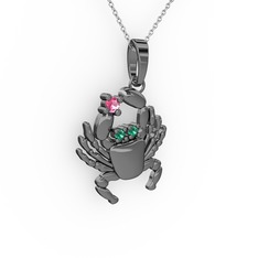 Yengeç Kolye - Pembe kuvars ve yeşil kuvars 925 ayar siyah rodyum kaplama gümüş kolye (40 cm gümüş rolo zincir) #1rvre5