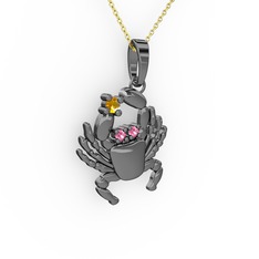 Sitrin ve pembe kuvars 925 ayar siyah rodyum kaplama gümüş kolye (40 cm altın rolo zincir)