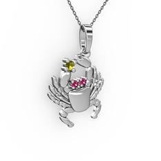 Peridot ve rodolit garnet 8 ayar beyaz altın kolye (40 cm gümüş rolo zincir)