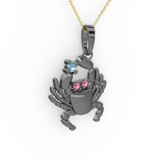 Akuamarin ve pembe kuvars 925 ayar siyah rodyum kaplama gümüş kolye (40 cm altın rolo zincir)