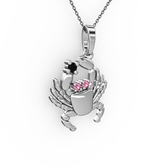 Yengeç Kolye - Siyah zirkon ve pembe kuvars 14 ayar beyaz altın kolye (40 cm gümüş rolo zincir) #99r6q2