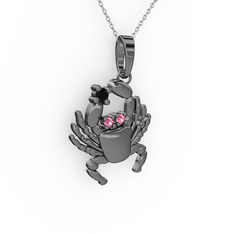 Yengeç Kolye - Siyah zirkon ve pembe kuvars 925 ayar siyah rodyum kaplama gümüş kolye (40 cm beyaz altın rolo zincir) #9p76gm