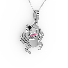 Siyah zirkon ve pembe kuvars 8 ayar beyaz altın kolye (40 cm beyaz altın rolo zincir)