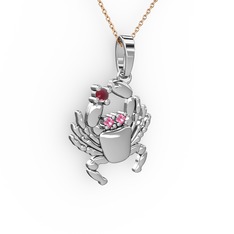 Yengeç Kolye - Kök yakut ve pembe kuvars 14 ayar beyaz altın kolye (40 cm rose altın rolo zincir) #e3qe4x