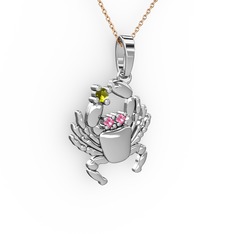 Yengeç Kolye - Peridot ve pembe kuvars 14 ayar beyaz altın kolye (40 cm rose altın rolo zincir) #gu1gjs