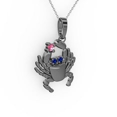 Yengeç Kolye - Pembe kuvars ve lab safir 925 ayar siyah rodyum kaplama gümüş kolye (40 cm beyaz altın rolo zincir) #hih0d9