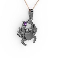 Yengeç Kolye - Ametist ve swarovski 925 ayar siyah rodyum kaplama gümüş kolye (40 cm rose altın rolo zincir) #srftw0