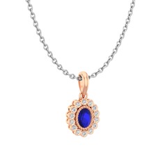 Lab safir ve beyaz zirkon 8 ayar rose altın kolye (40 cm beyaz altın rolo zincir)