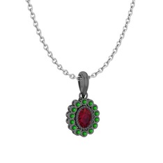 Rayiha Kolye - Kök yakut ve yeşil kuvars 925 ayar siyah rodyum kaplama gümüş kolye (40 cm gümüş rolo zincir) #12609fb