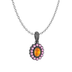 Sitrin ve pembe kuvars 925 ayar siyah rodyum kaplama gümüş kolye (40 cm beyaz altın rolo zincir)