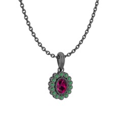 Rayiha Kolye - Rodolit garnet ve kök zümrüt 925 ayar siyah rodyum kaplama gümüş kolye (40 cm gümüş rolo zincir) #13y02y8