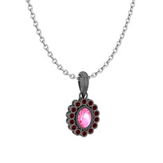 Rayiha Kolye - Pembe kuvars ve garnet 925 ayar siyah rodyum kaplama gümüş kolye (40 cm beyaz altın rolo zincir) #15kfzmf
