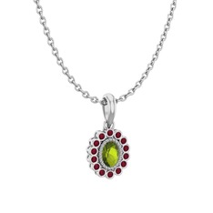 Peridot ve kök yakut 8 ayar beyaz altın kolye (40 cm beyaz altın rolo zincir)