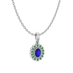 Rayiha Kolye - Lab safir ve kök zümrüt 925 ayar gümüş kolye (40 cm beyaz altın rolo zincir) #165ns09