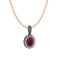Rayiha Kolye - Kök yakut ve pembe kuvars 925 ayar siyah rodyum kaplama gümüş kolye (40 cm rose altın rolo zincir) #166ppfh