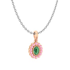 Rayiha Kolye - Kök zümrüt ve pembe kuvars 14 ayar rose altın kolye (40 cm beyaz altın rolo zincir) #1af4fg9