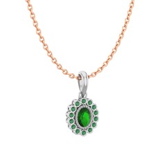 Yeşil kuvars ve kök zümrüt 14 ayar beyaz altın kolye (40 cm rose altın rolo zincir)