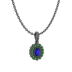 Rayiha Kolye - Lab safir ve yeşil kuvars 925 ayar siyah rodyum kaplama gümüş kolye (40 cm gümüş rolo zincir) #1dnxzto