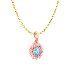 Akuamarin ve pembe kuvars 14 ayar rose altın kolye (40 cm altın rolo zincir)
