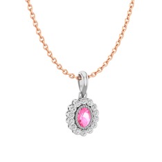 Pembe kuvars ve pırlanta 14 ayar beyaz altın kolye (0.154 karat, 40 cm rose altın rolo zincir)