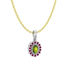Peridot ve rodolit garnet 18 ayar beyaz altın kolye (40 cm altın rolo zincir)