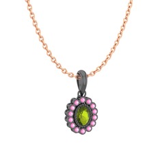 Rayiha Kolye - Peridot ve pembe kuvars 925 ayar siyah rodyum kaplama gümüş kolye (40 cm rose altın rolo zincir) #1ktg1br