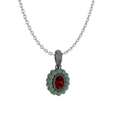 Rayiha Kolye - Garnet ve kök zümrüt 925 ayar siyah rodyum kaplama gümüş kolye (40 cm gümüş rolo zincir) #1laoka