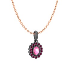 Pembe kuvars ve rodolit garnet 925 ayar siyah rodyum kaplama gümüş kolye (40 cm gümüş rolo zincir)