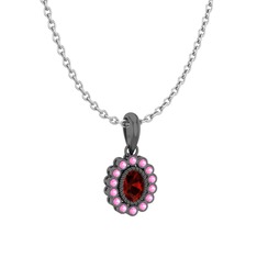Rayiha Kolye - Garnet ve pembe kuvars 925 ayar siyah rodyum kaplama gümüş kolye (40 cm gümüş rolo zincir) #1myhph7