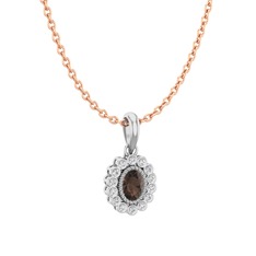 Dumanlı kuvars ve pırlanta 14 ayar beyaz altın kolye (0.154 karat, 40 cm rose altın rolo zincir)