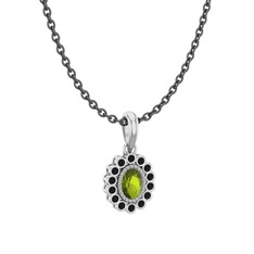 Rayiha Kolye - Peridot ve siyah zirkon 14 ayar beyaz altın kolye (40 cm gümüş rolo zincir) #1nc475h