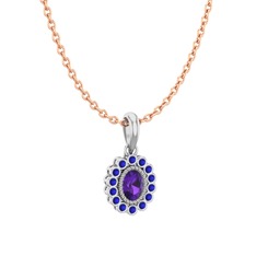 Ametist ve lab safir 18 ayar beyaz altın kolye (40 cm rose altın rolo zincir)