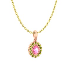 Pembe kuvars ve peridot 18 ayar rose altın kolye (40 cm altın rolo zincir)