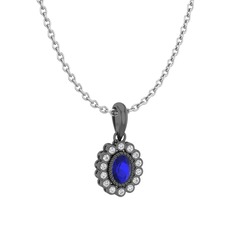 Rayiha Kolye - Lab safir ve swarovski 925 ayar siyah rodyum kaplama gümüş kolye (40 cm beyaz altın rolo zincir) #1pbdqag