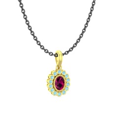Rodolit garnet ve akuamarin 18 ayar altın kolye (40 cm gümüş rolo zincir)