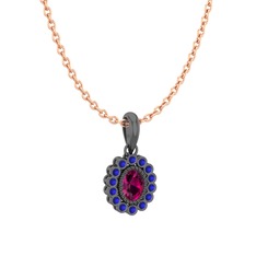Rayiha Kolye - Rodolit garnet ve lab safir 925 ayar siyah rodyum kaplama gümüş kolye (40 cm rose altın rolo zincir) #1r24gsj