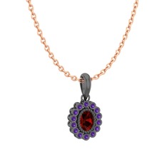 Garnet ve ametist 925 ayar siyah rodyum kaplama gümüş kolye (40 cm rose altın rolo zincir)