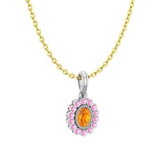 Sitrin ve pembe kuvars 925 ayar gümüş kolye (40 cm gümüş rolo zincir)