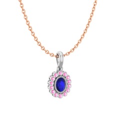 Lab safir ve pembe kuvars 14 ayar beyaz altın kolye (40 cm rose altın rolo zincir)