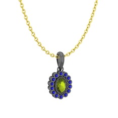 Peridot ve lab safir 925 ayar siyah rodyum kaplama gümüş kolye (40 cm altın rolo zincir)