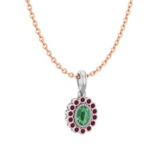 Kök zümrüt ve kök yakut 14 ayar beyaz altın kolye (40 cm rose altın rolo zincir)