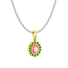 Pembe kuvars ve yeşil kuvars 8 ayar altın kolye (40 cm beyaz altın rolo zincir)