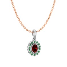 Garnet ve kök zümrüt 18 ayar beyaz altın kolye (40 cm rose altın rolo zincir)
