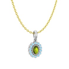 Peridot ve akuamarin 8 ayar beyaz altın kolye (40 cm gümüş rolo zincir)