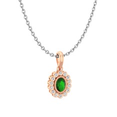 Yeşil kuvars ve pırlanta 18 ayar rose altın kolye (0.154 karat, 40 cm gümüş rolo zincir)